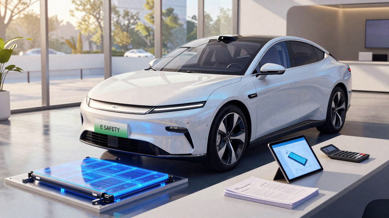 Carro elétrico branco em exposição com dispositivos azuis iluminados e tablet mostrando bateria em showroom moderno.