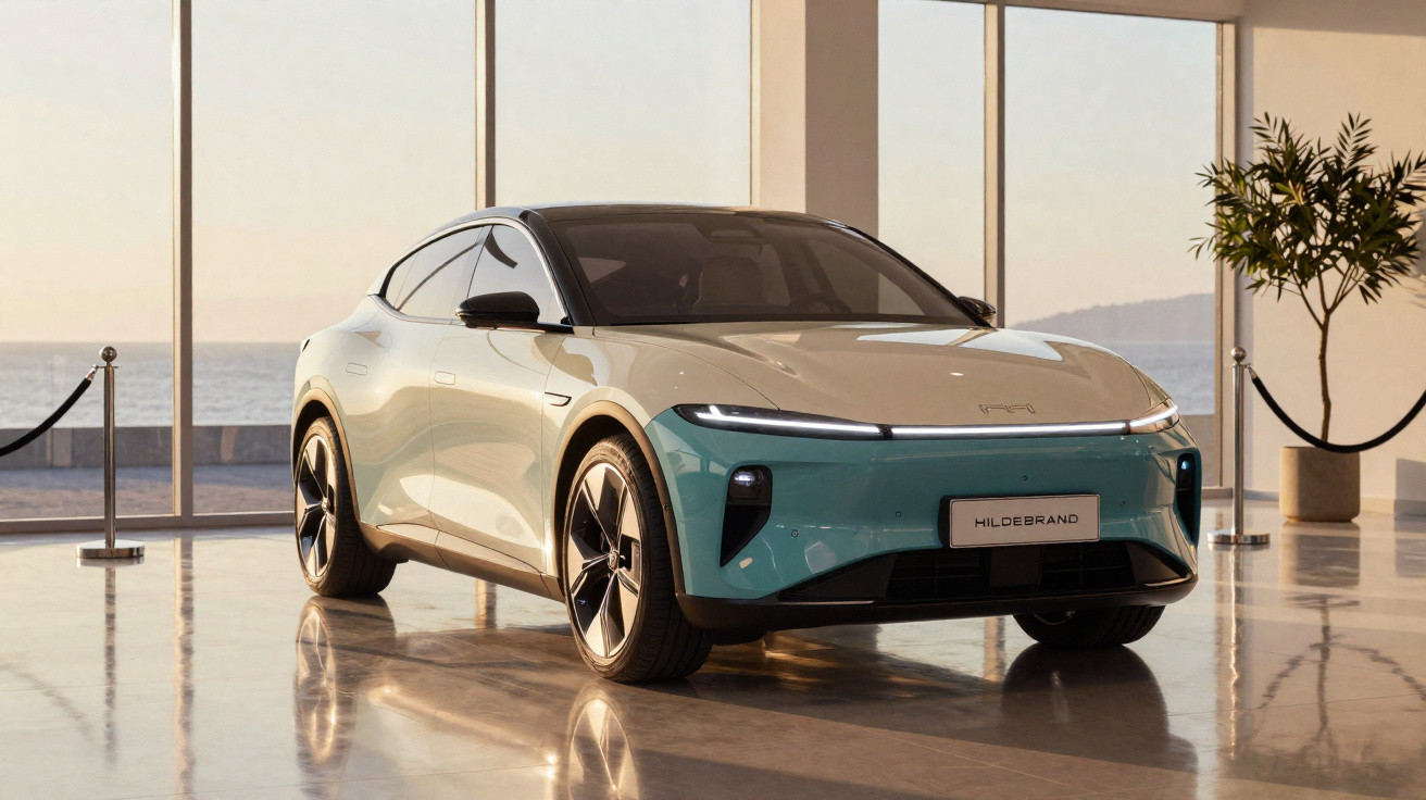 Carro elétrico moderno bicolor exibido em ambiente interno com vista para o mar ao fundo.