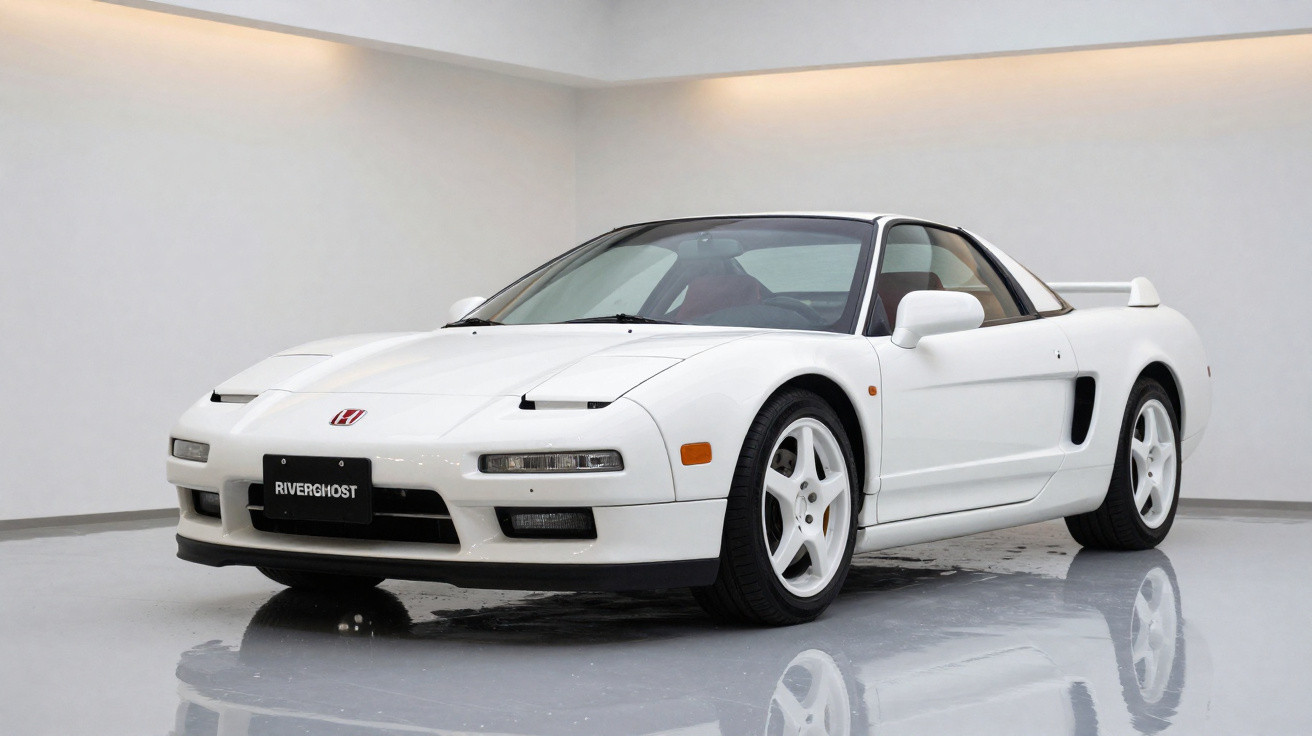 Carro esportivo esportivo branco estacionado em sala branca com piso refletivo.
