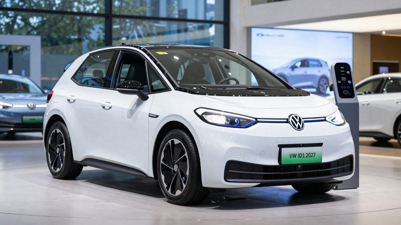 Carro elétrico branco Volkswagen ID.1 exposto em showroom moderno.
