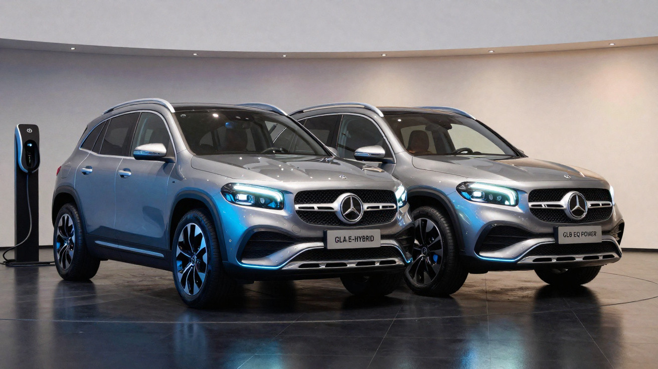 Dois carros Mercedes-Benz prateados estacionados, um com recarga elétrica conectada, em ambiente interno moderno.