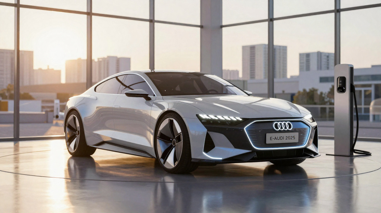 Carro elétrico Audi prata estacionado ao lado de carregador em ambiente interno moderno.
