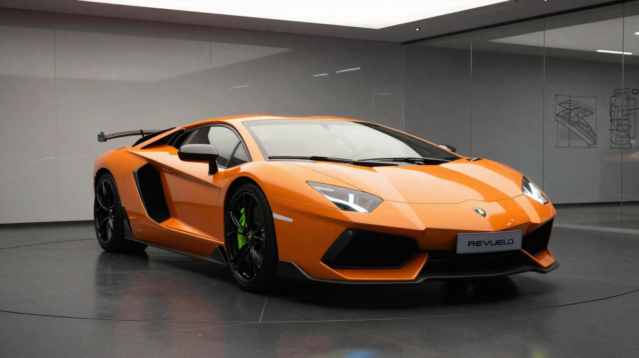 Carro esportivo laranja Lamborghini estacionado em showroom moderno com paredes espelhadas e desenhos técnicos ao fundo.