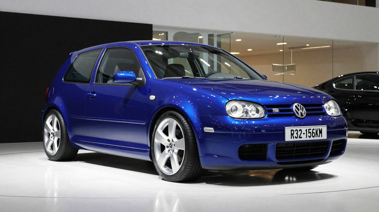 Carro Volkswagen Golf R32 azul em exposição com rodas prata em ambiente interno moderno.