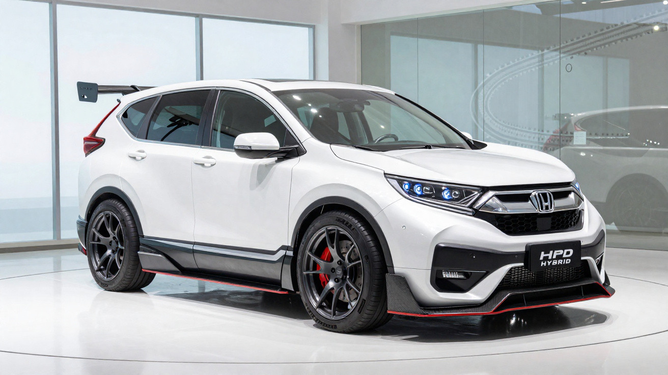 Carro Honda HR-V cinza metálico com kit esportivo e aerofólio em ambiente interno branco e iluminado.