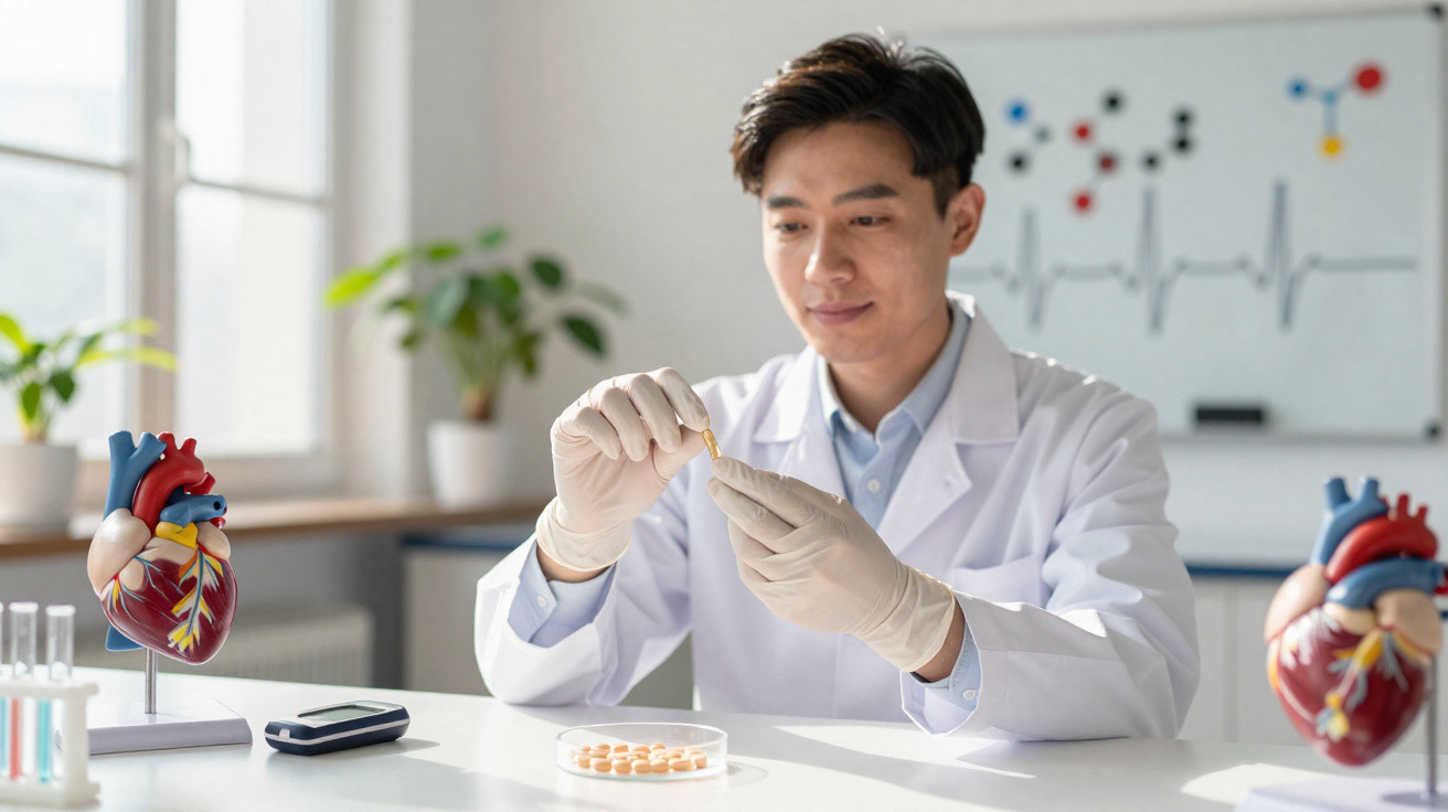 Pesquisador em laboratório manipula cápsula para estudo de medicamentos cardíacos.