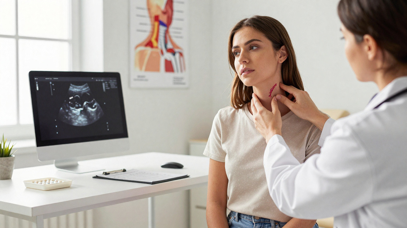Médica examinando pescoço de mulher jovem com marca vermelha simulada em consultório clínico moderno.
