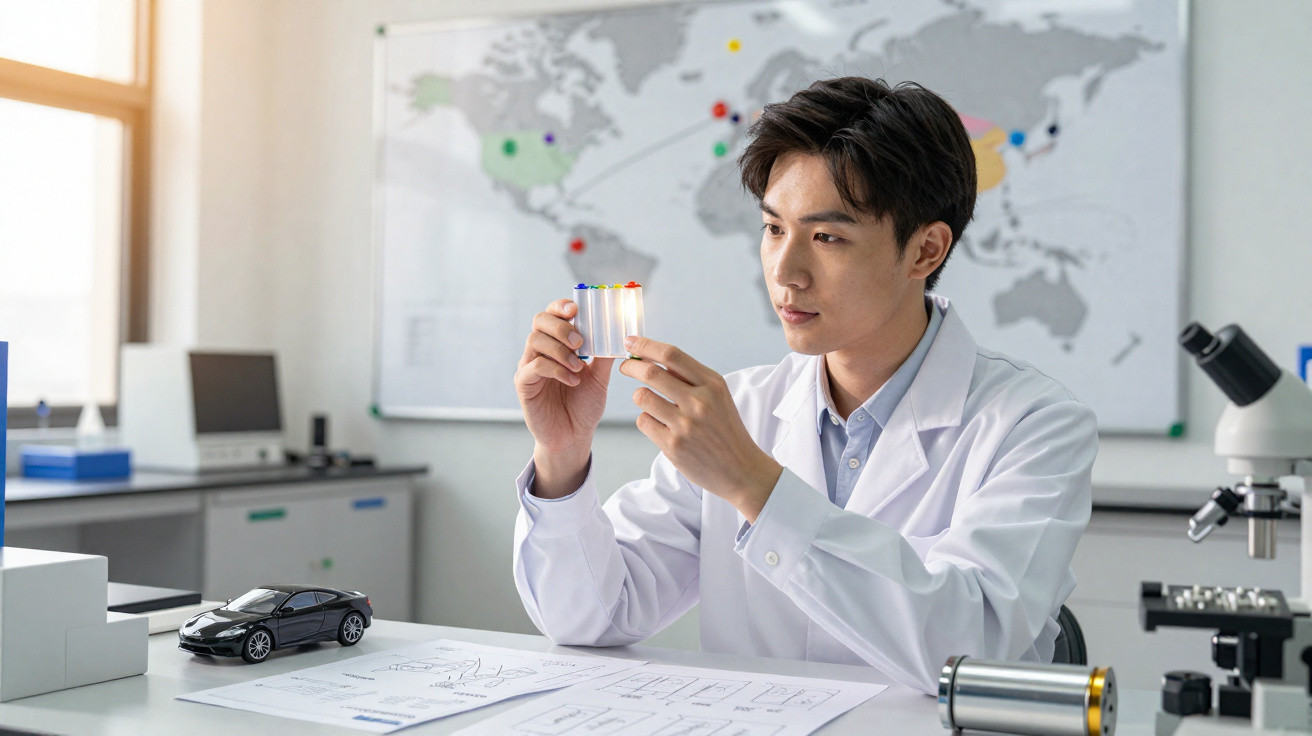 Homem de jaleco branco analisando peça transparente com tubos coloridos em laboratório moderno.