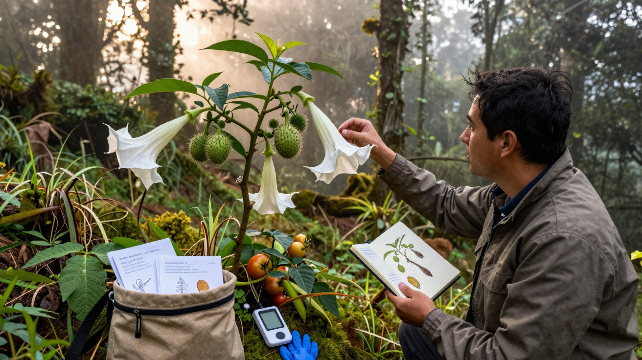 Homem observa flores brancas grandes em planta, com livros e equipamentos ao redor, em floresta.