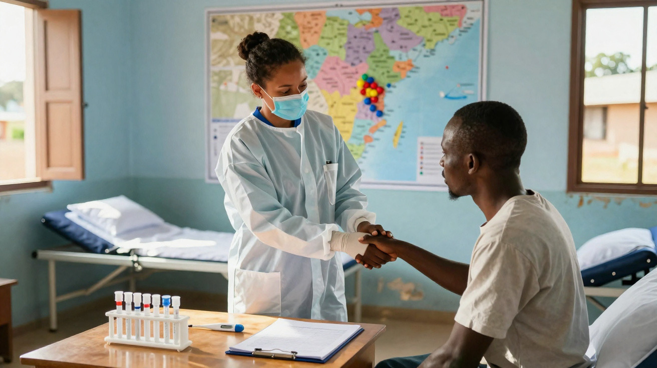 Médica de jaleco e máscara segurando a mão de paciente sentado em clínica com mapa ao fundo.