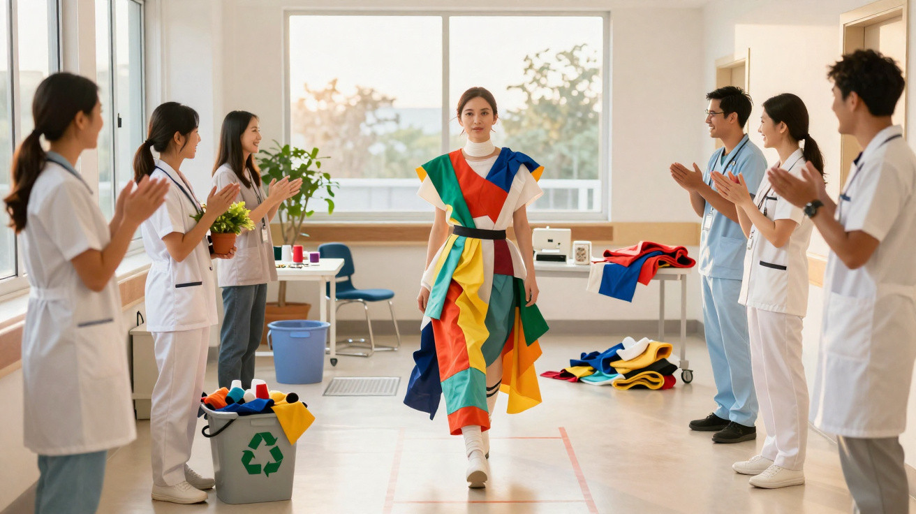 Mulher desfilando vestido colorido enquanto grupo de profissionais da saúde aplaude em ambiente hospitalar.