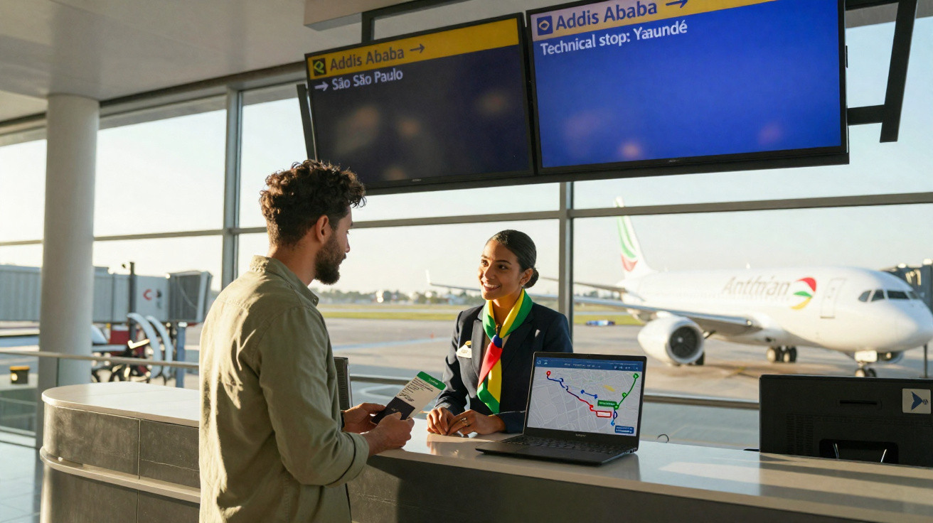 Passageiro consulta atendente no balcão do aeroporto com avião ao fundo e telas de voos no teto.
