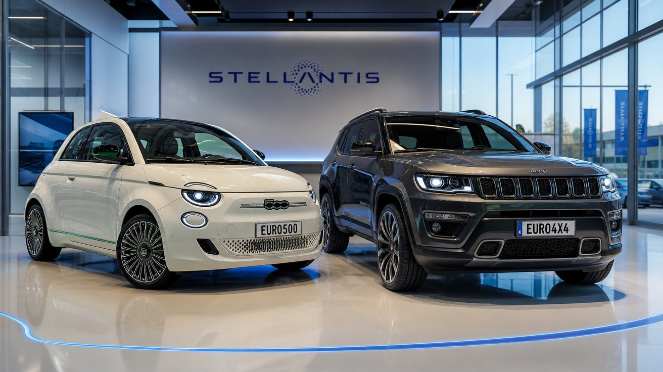 Dois carros modernos estacionados em showroom da Stellantis, um branco compacto e um SUV preto.