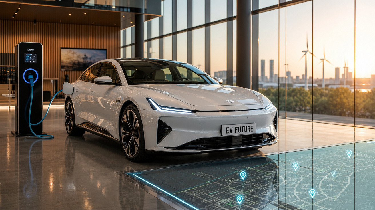 Carro elétrico branco futurista carregando em estação interna com painel digital e vista de turbinas eólicas ao fundo.