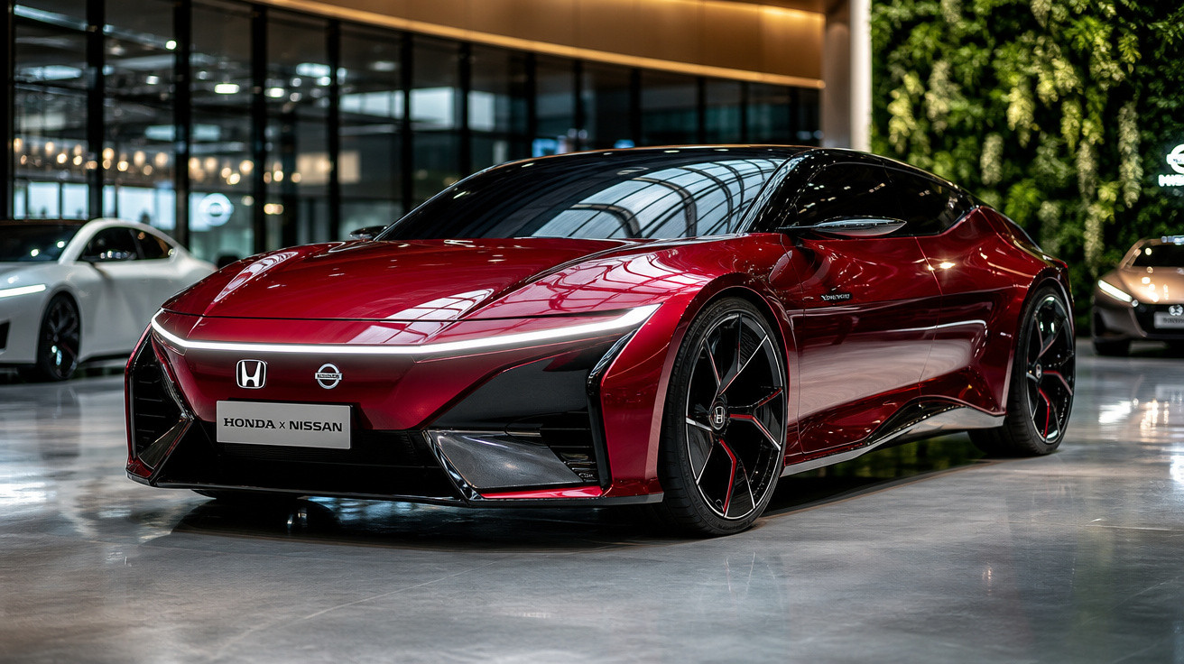 Carro esportivo elétrico vermelho Honda x Nissan em exposição interna com design futurista e rodas grandes.