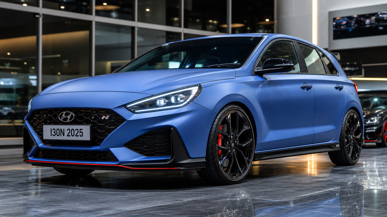 Carro esportivo Hyundai i30 N azul fosco com rodas pretas em showroom moderno iluminado.