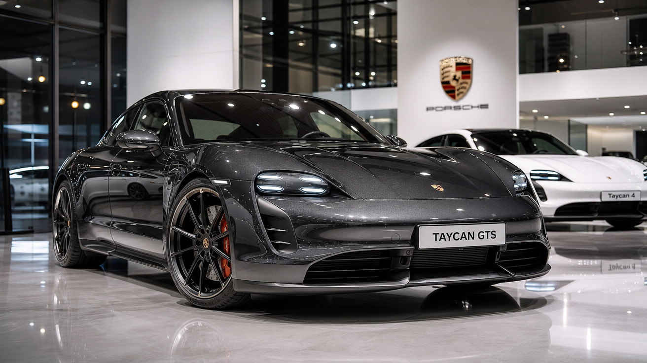Carro esportivo preto Porsche Taycan GTS em showroom com outro carro branco ao fundo.
