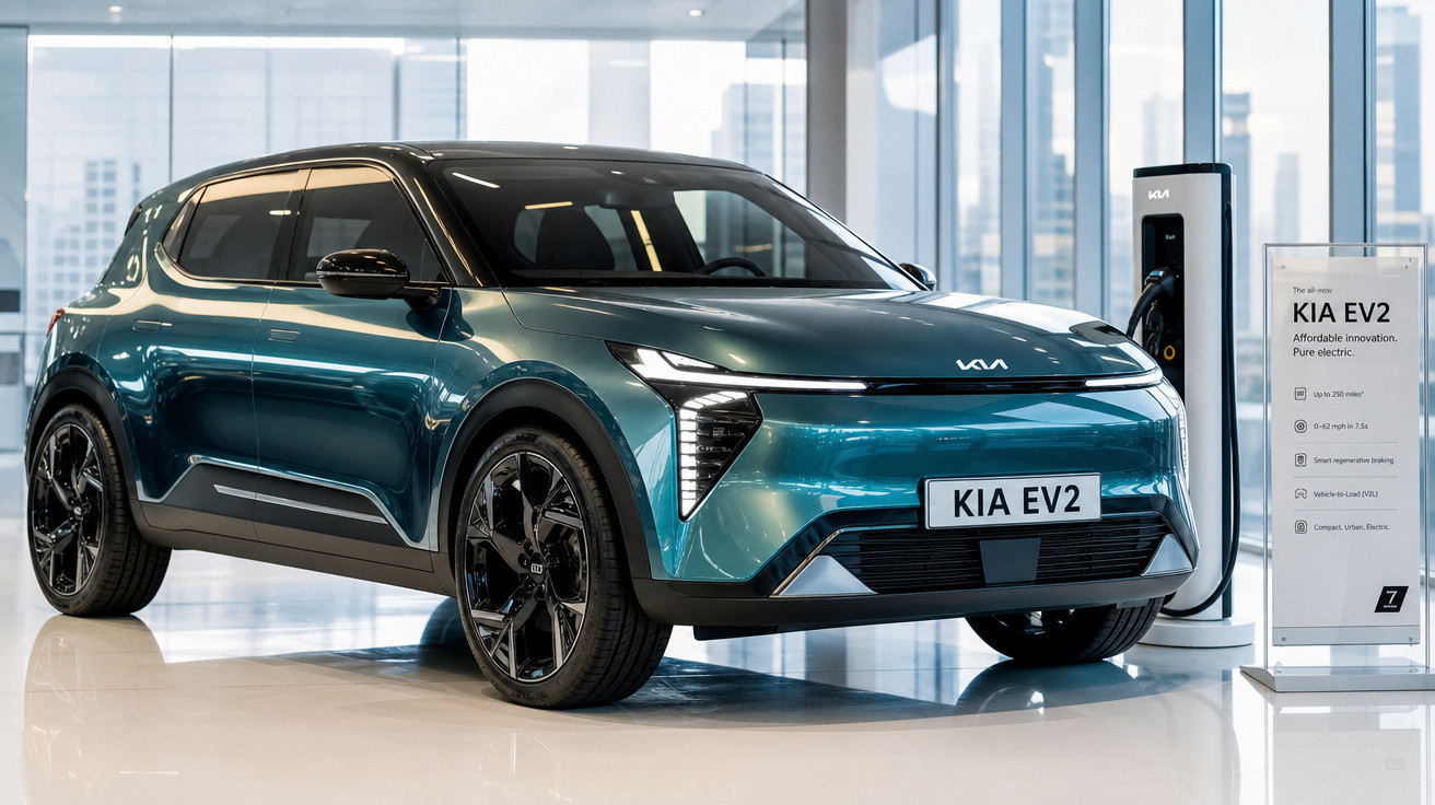 Carro elétrico Kia EV2 verde metálico exibido em showroom, conectado a estação de recarga.