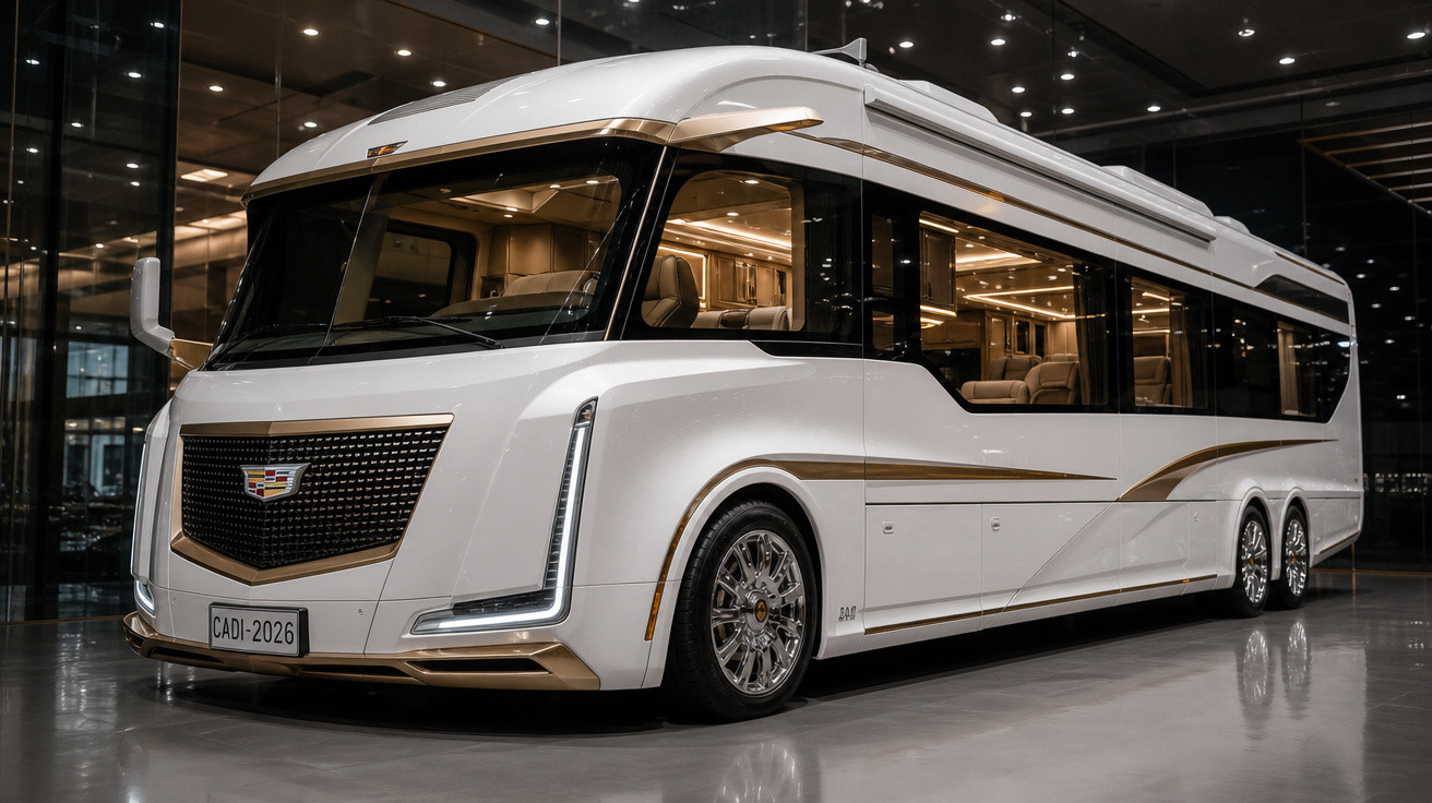 Ônibus de luxo branco com detalhes dourados estacionado em ambiente moderno e iluminado.