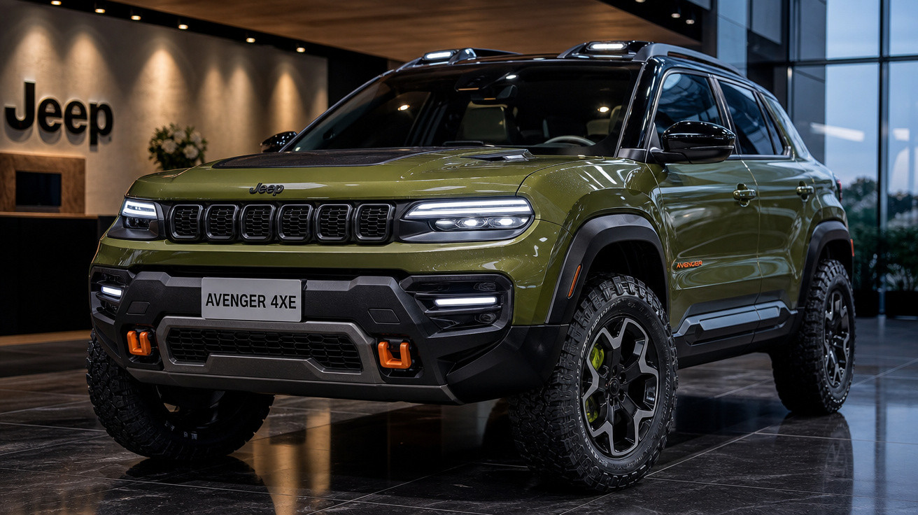 SUV Jeep Avenger 4xe verde militar exibido em showroom com iluminação moderna e piso preto brilhante.