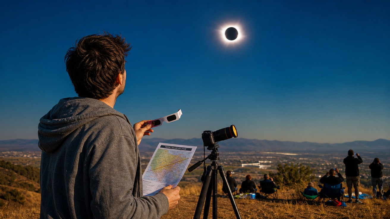 Pessoa observa eclipse solar com óculos especiais e mapa, enquanto grupo ao fundo assiste em área aberta.