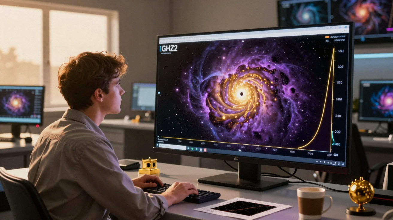 Jovem em escritório analisando imagem de galáxia espiral e gráfico de dados em tela de computador.