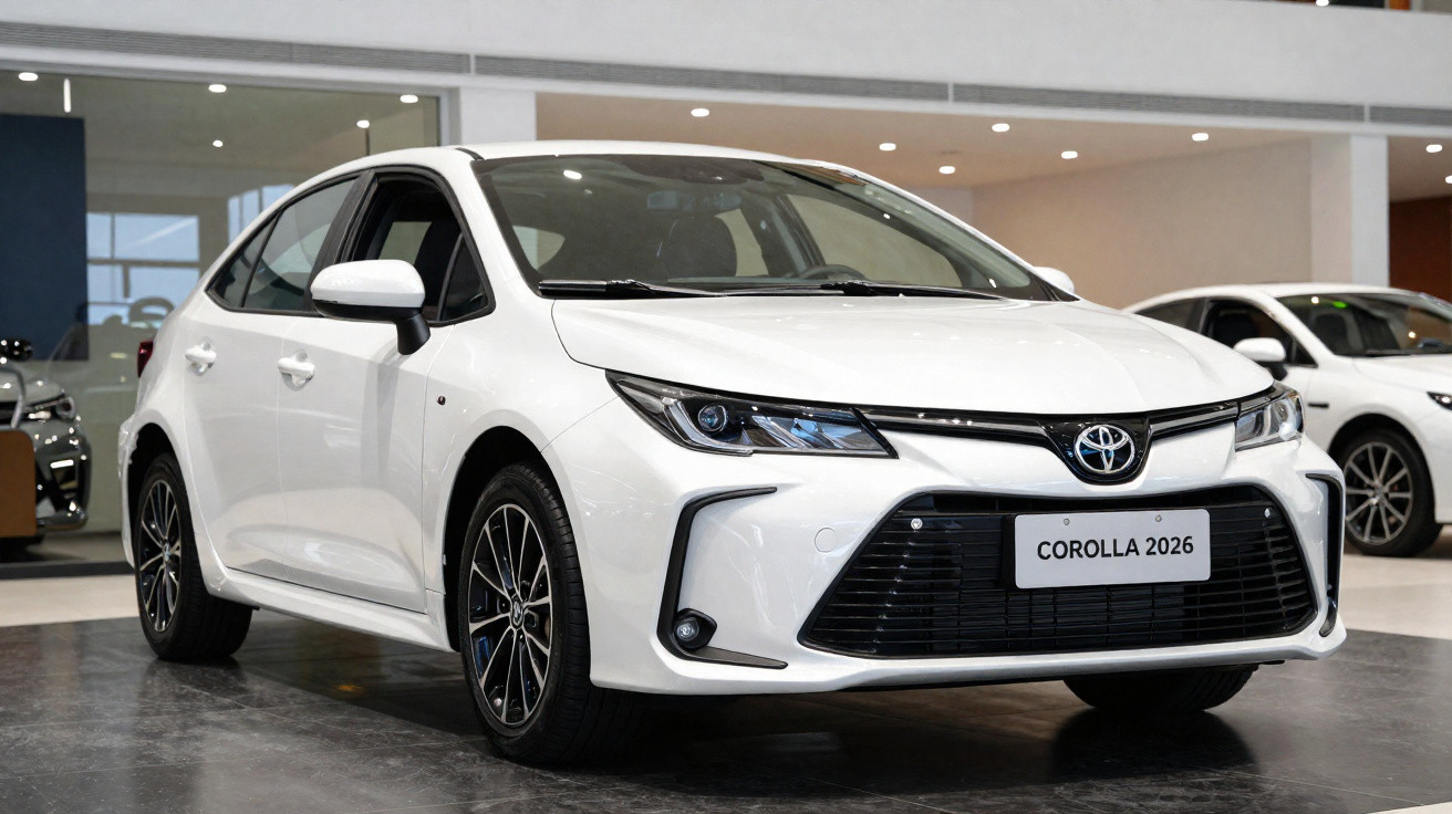Toyota Corolla 2026 branco exibido em showroom moderno com iluminação interna.