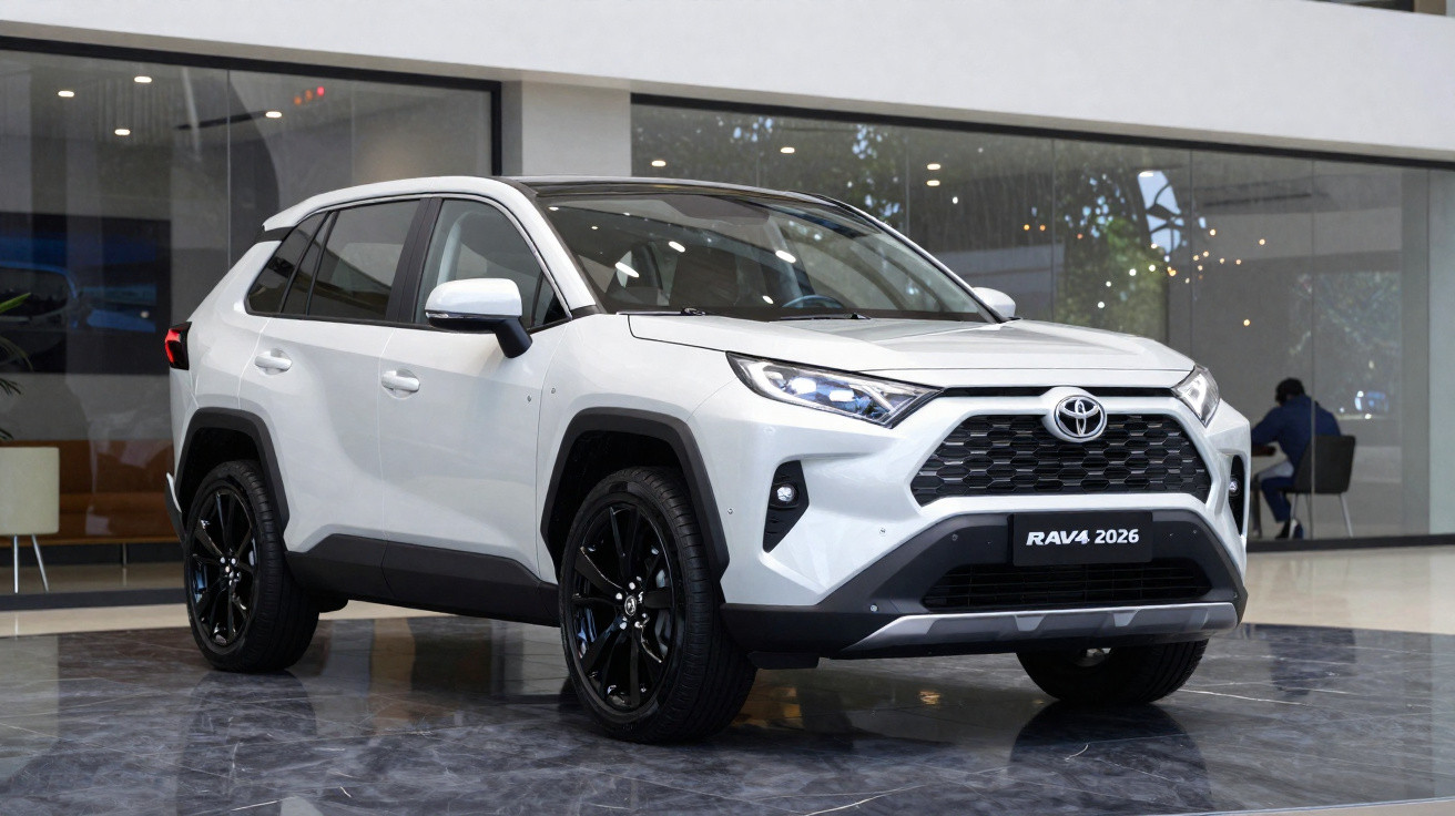 SUV Toyota RAV4 2026 branco com rodas pretas exibido em showroom moderno.