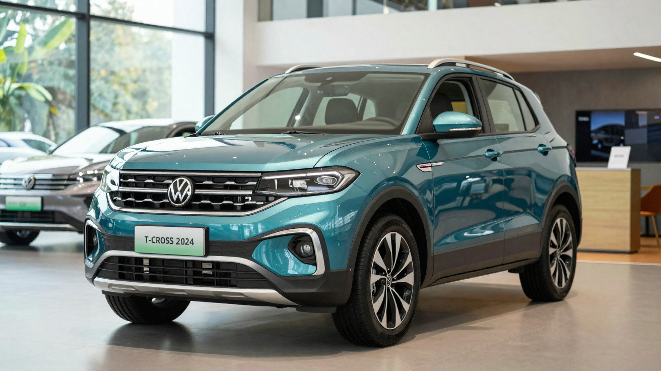 Carro Volkswagen T-Cross 2024 azul exibido em showroom moderno e iluminado.