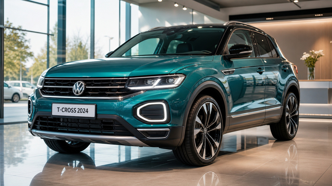 Carro SUV Volkswagen T-Cross 2024 verde exposto em showroom moderno e iluminado.