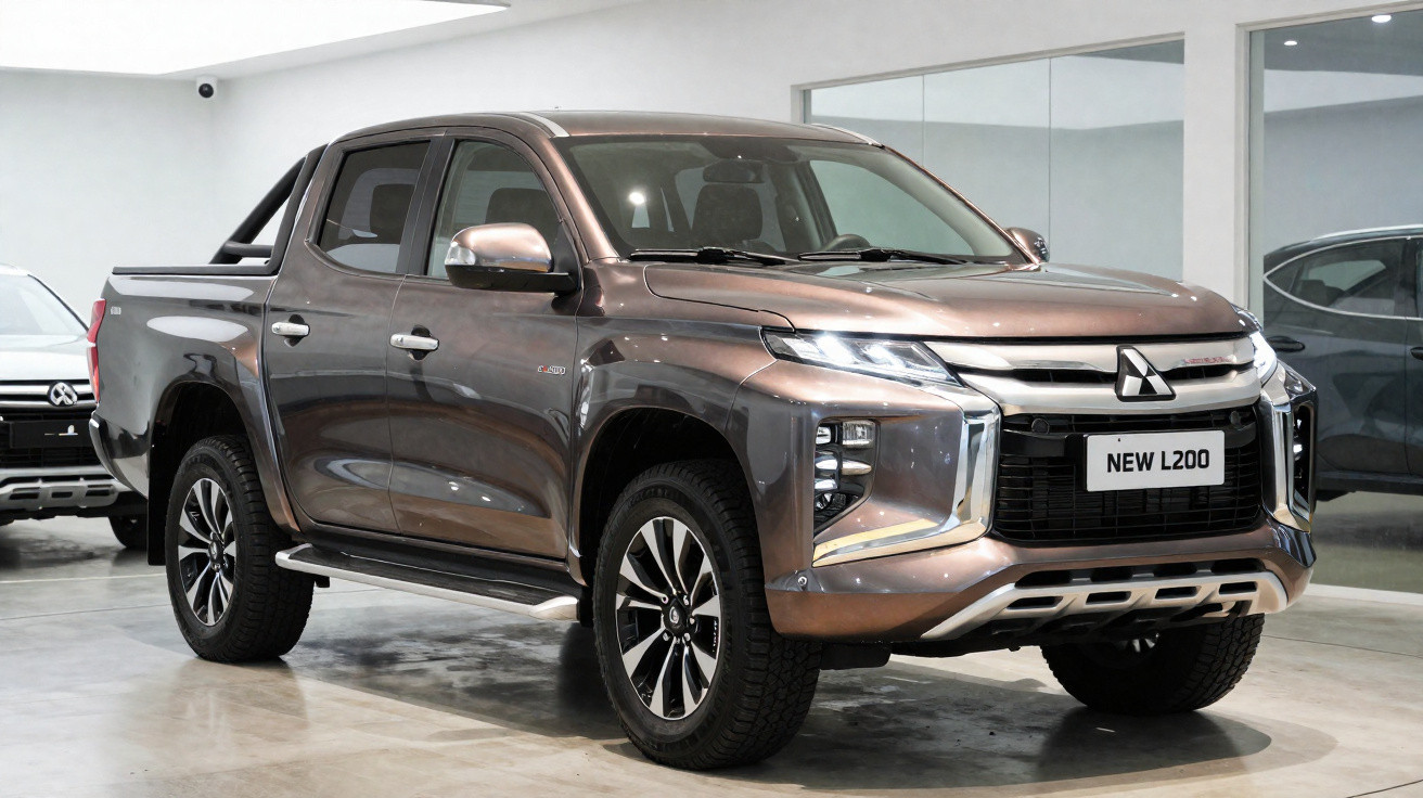 Picape Mitsubishi L200 cinza em showroom com detalhes cromados e rodas pretas e prata.
