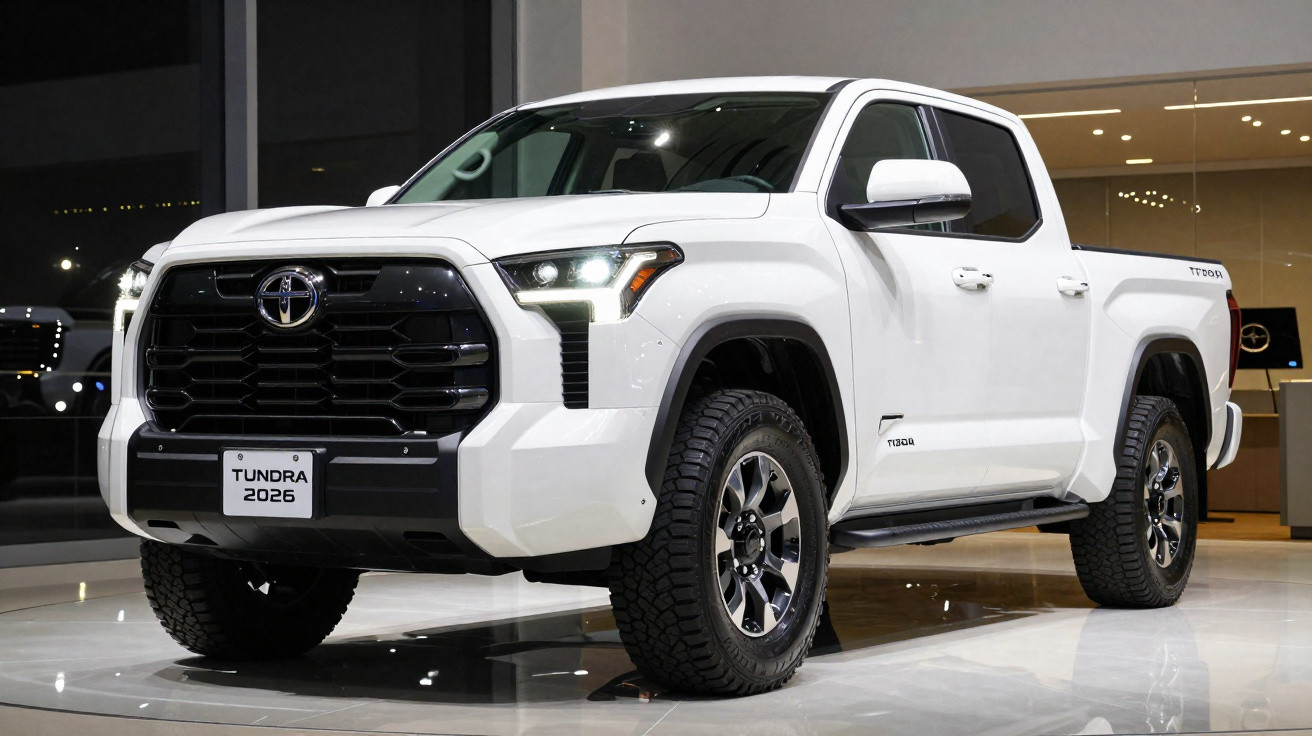 Picape Toyota Tundra 2026 branca exibida em showroom com iluminação interna.