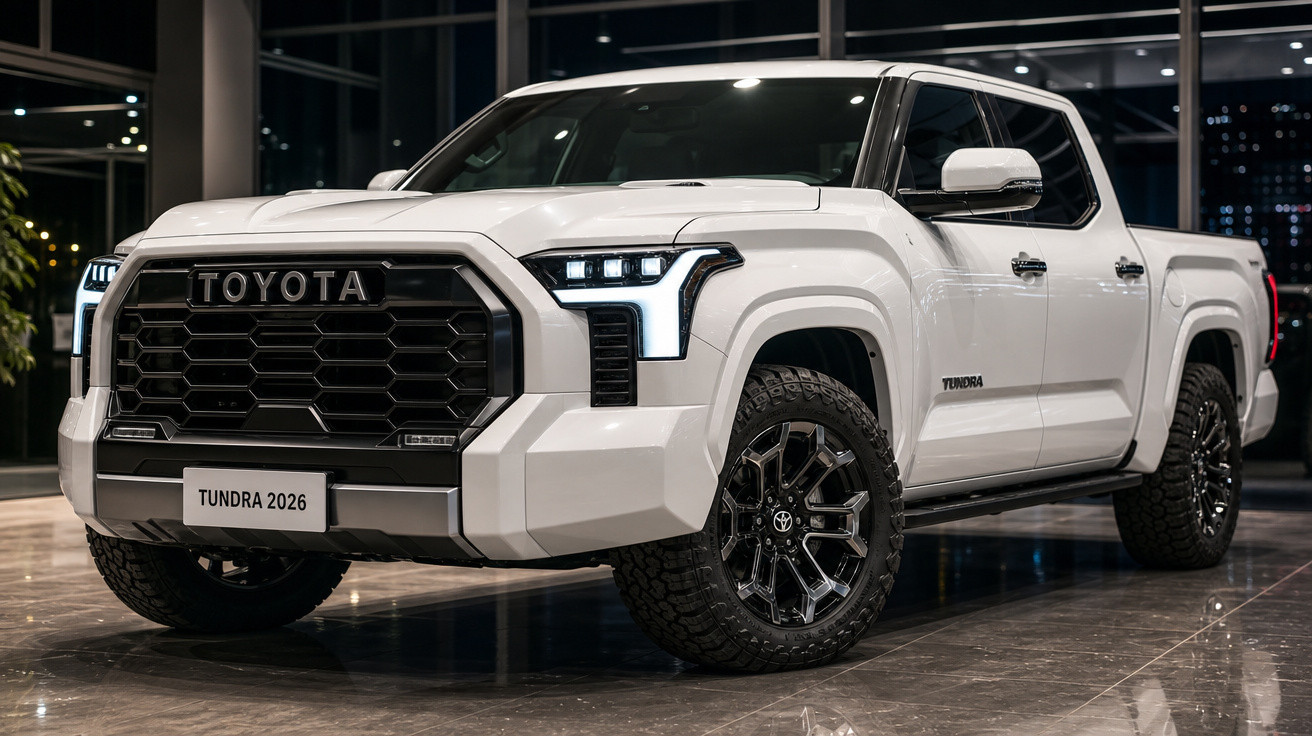 Picape Toyota Tundra 2026 branca em showroom com iluminação moderna e rodas pretas robustas.