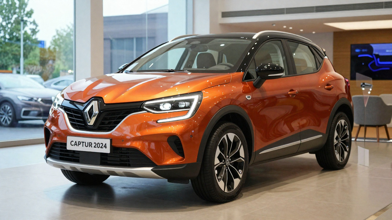 Carro SUV Renault Captur 2024 laranja exposto em showroom moderno.