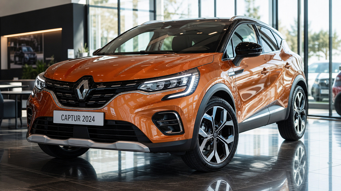 SUV Renault Captur 2024 laranja exibido em showroom com iluminação natural e design moderno.