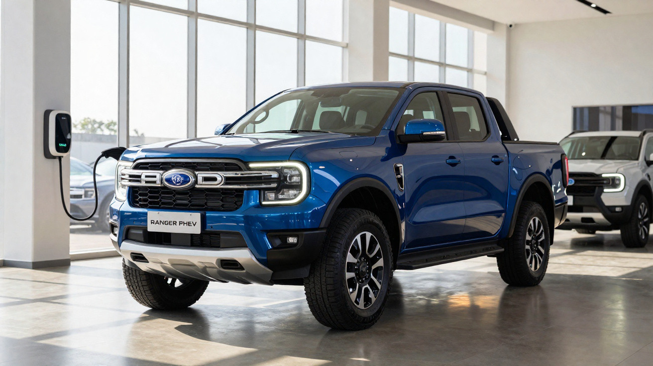 Picape azul Ford Ranger PHEV plugada em carregador elétrico em showroom moderno.