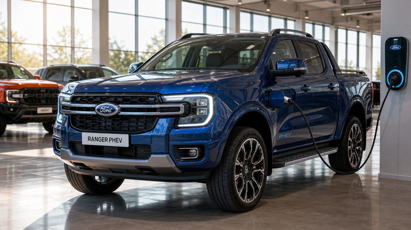 Picape Ford Ranger PHEV azul sendo carregada em estação elétrica dentro de concessionária.