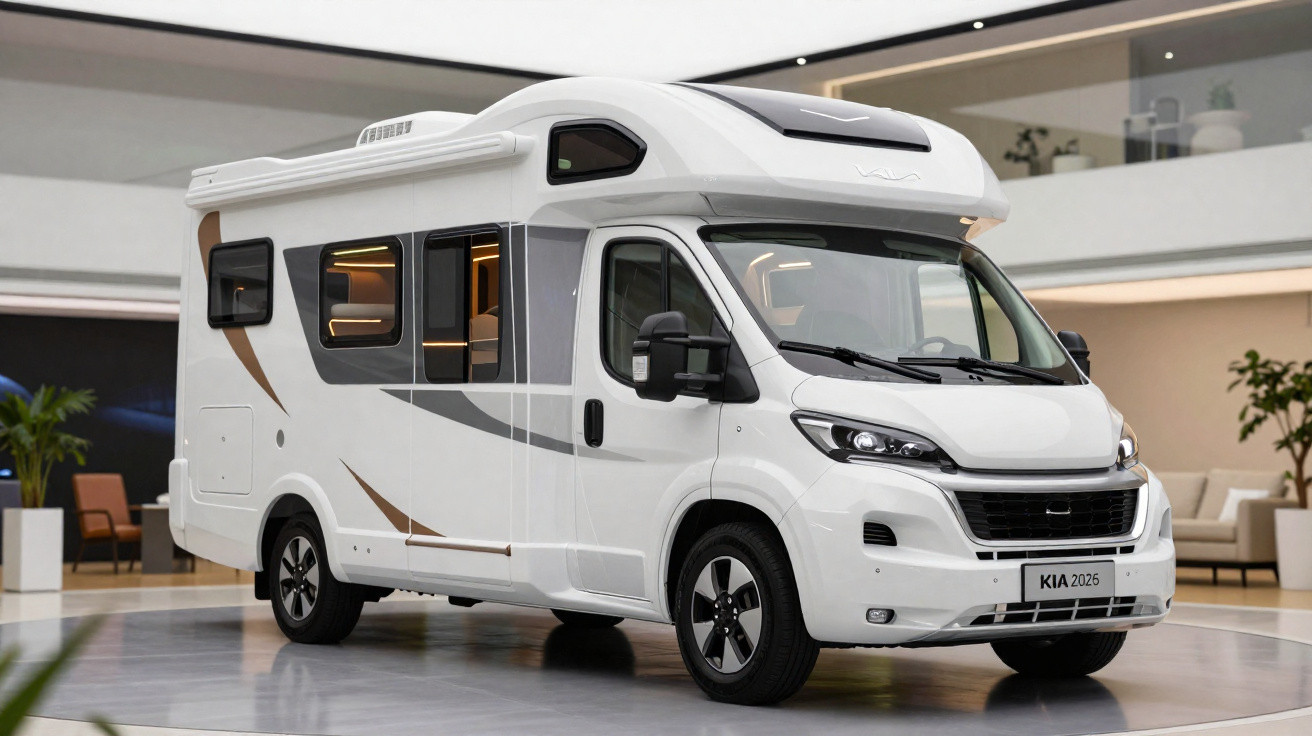 Motorhome branco moderno estacionado em espaço interno bem iluminado, com detalhes cinza e marrom.
