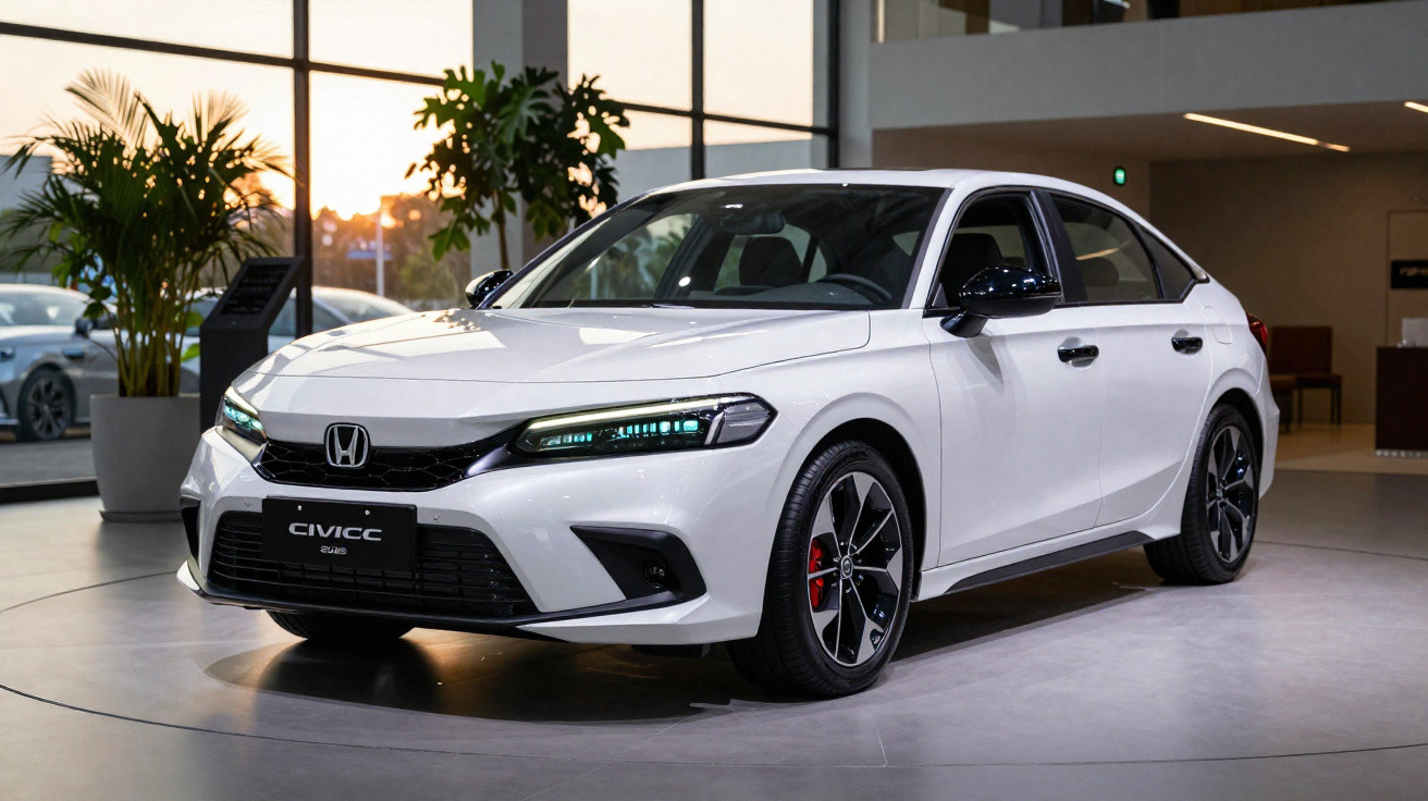 Carro branco Honda Civic 2023 exibido em showroom moderno com iluminação suave e plantas ao fundo.