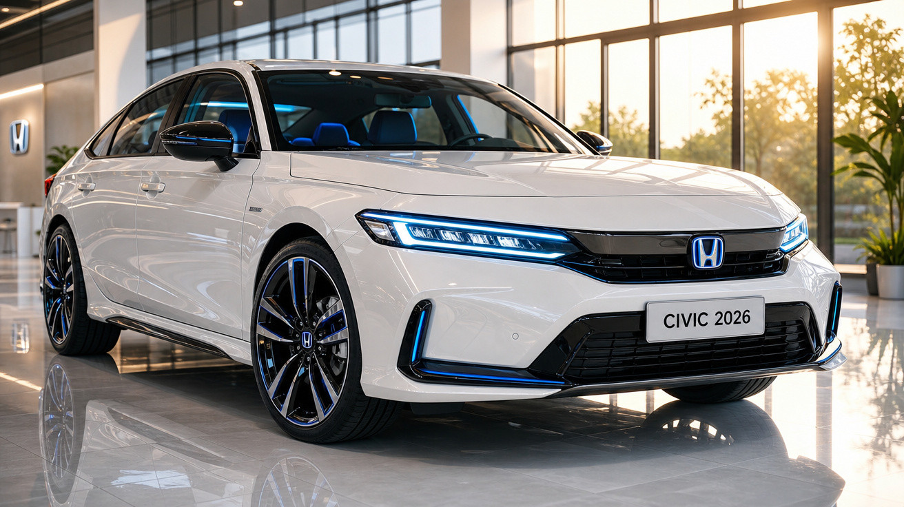 Carro branco Honda Civic 2026 exibido em salão moderno com iluminação natural.