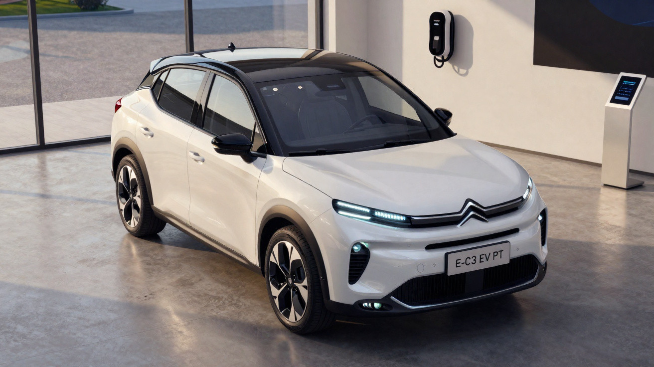 Carro elétrico branco Citroën E-C3 EV PT estacionado em garagem com carregador na parede.
