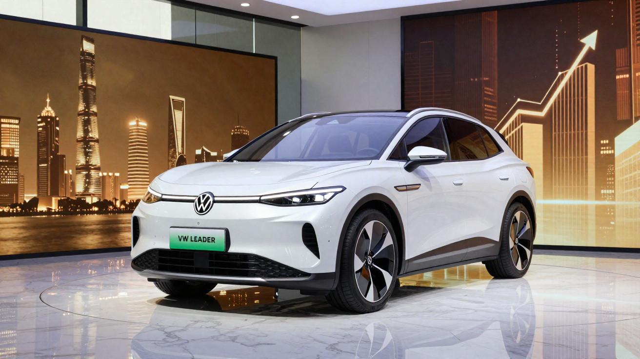 Carro elétrico branco VW Leader exibido em ambiente interno com painel iluminado ao fundo.