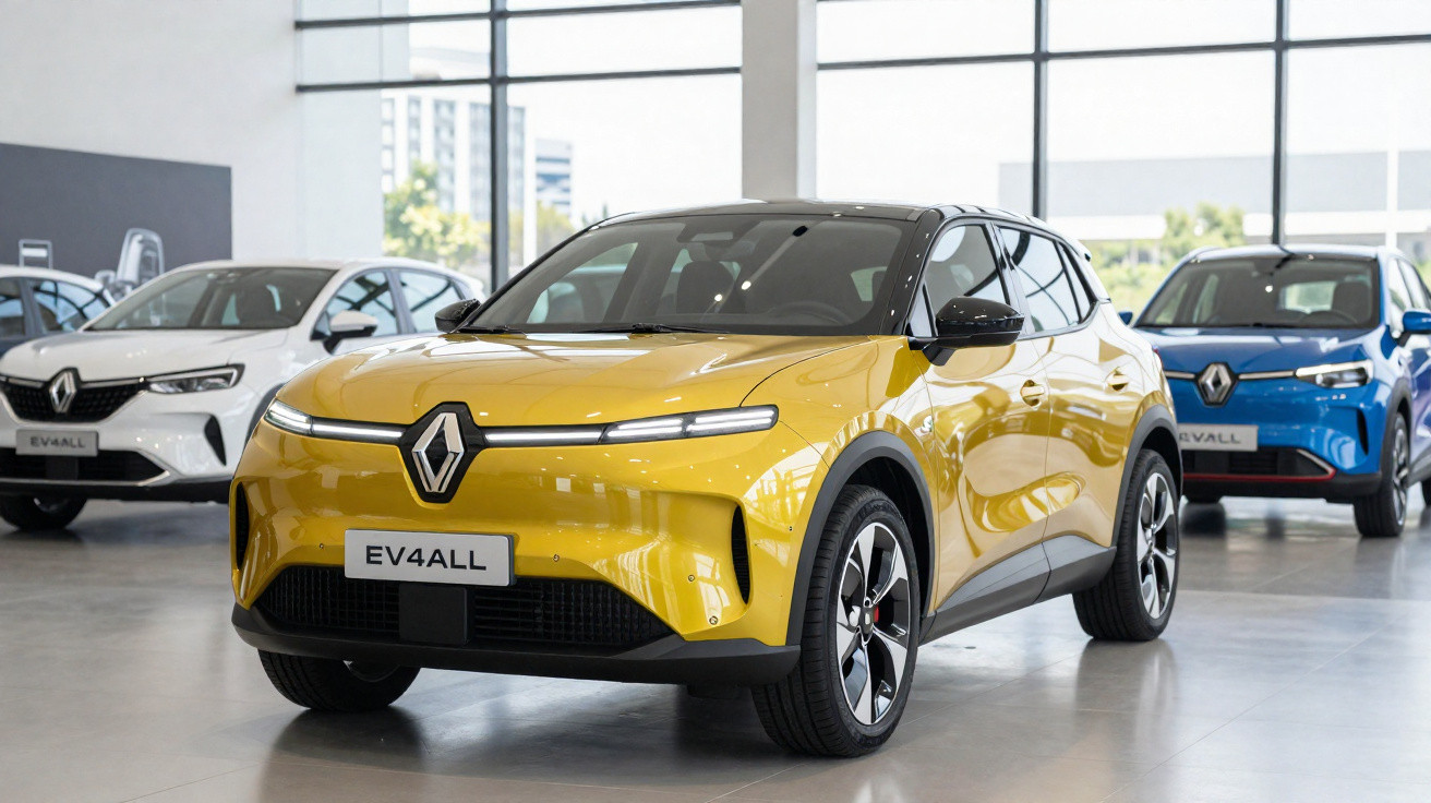 Carros elétricos Renault EV4ALL nas cores amarelo, branco e azul exibidos em showroom.