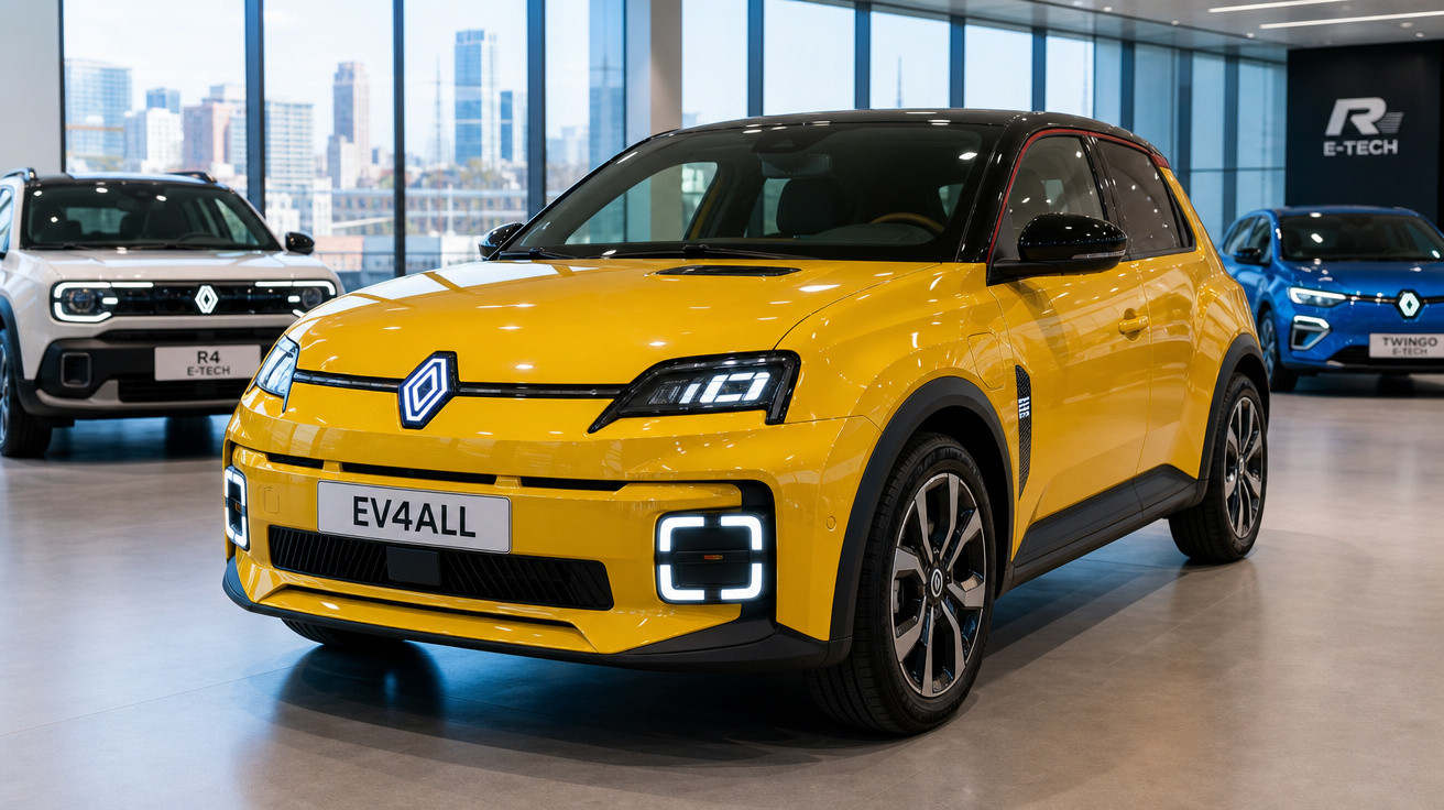 Carro elétrico amarelo Renault EV4ALL em showroom moderno com outros veículos Renault ao fundo.