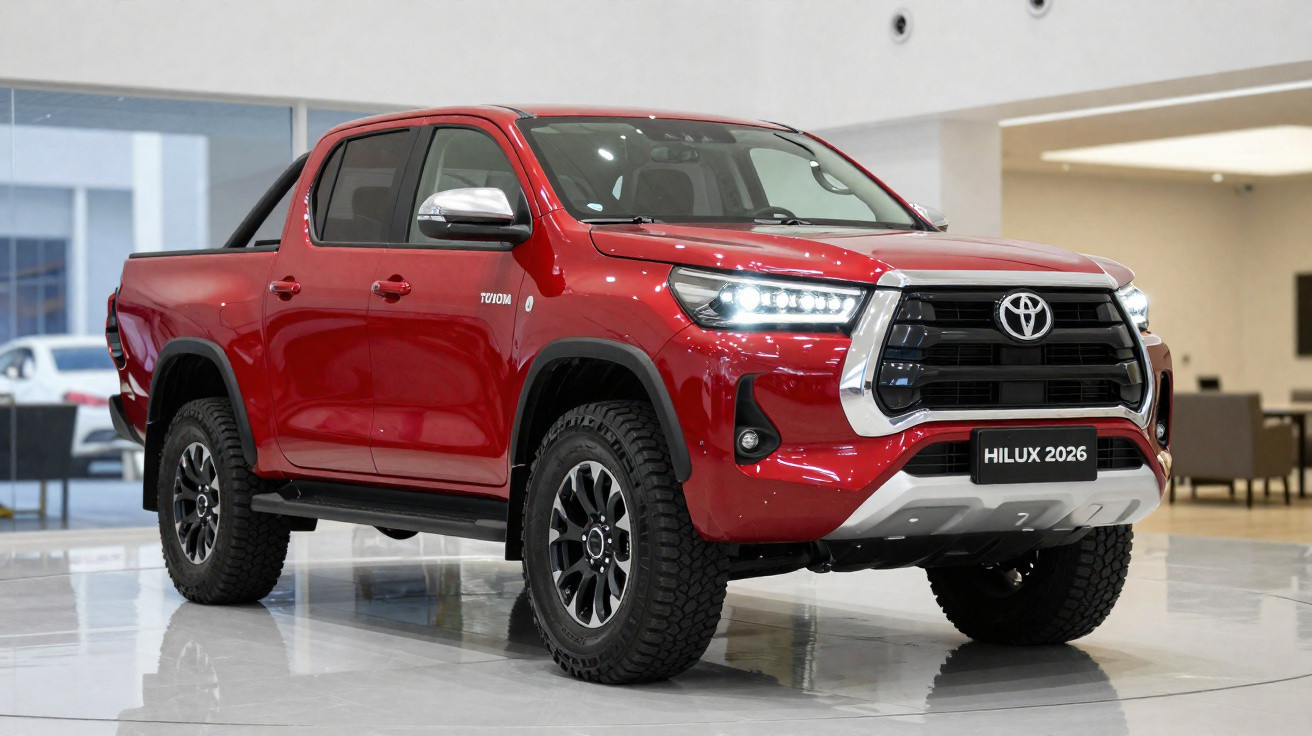 Picape Toyota Hilux 2026 vermelha estacionada em ambiente interno iluminado.