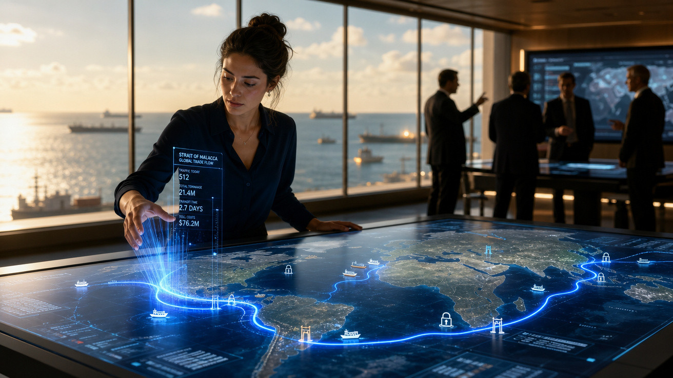 Mulher interagindo com mesa digital holográfica que exibe mapa mundial e rotas comerciais marítimas.