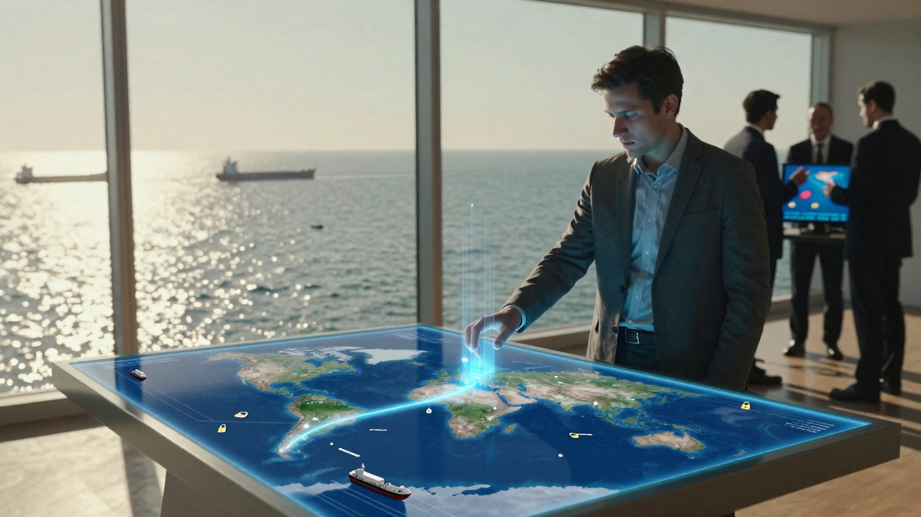 Homem em terno interage com mapa digital holográfico em escritório com vista para o mar.