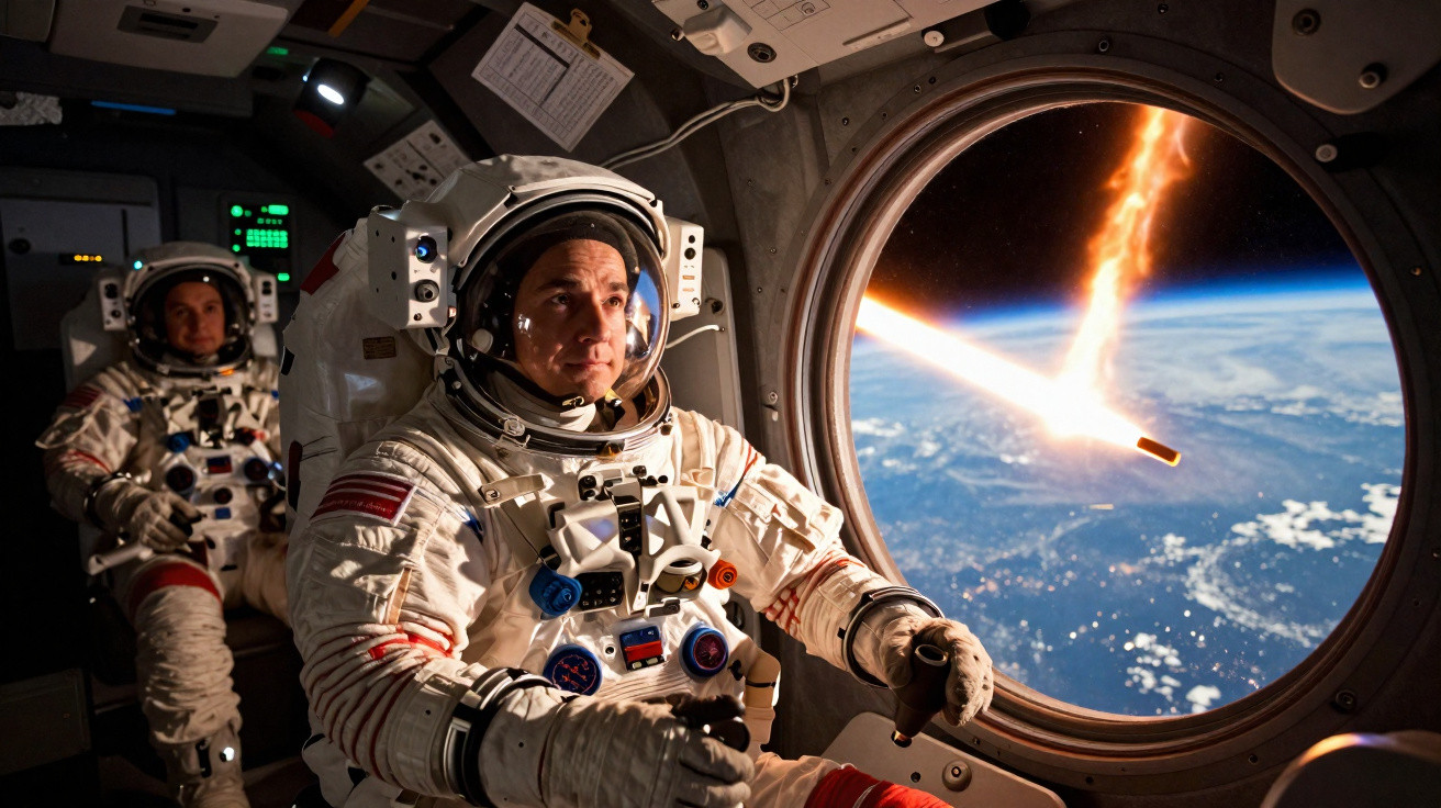 Dois astronautas dentro de uma nave espacial, um observando um objeto em chamas entrando na atmosfera da Terra pela janela.