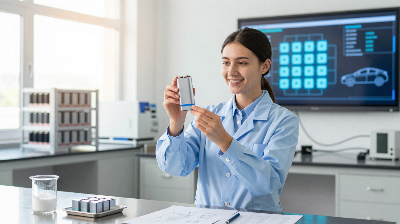 Mulher cientista segura bateria em laboratório com equipamentos eletrônicos e tela digital ao fundo.