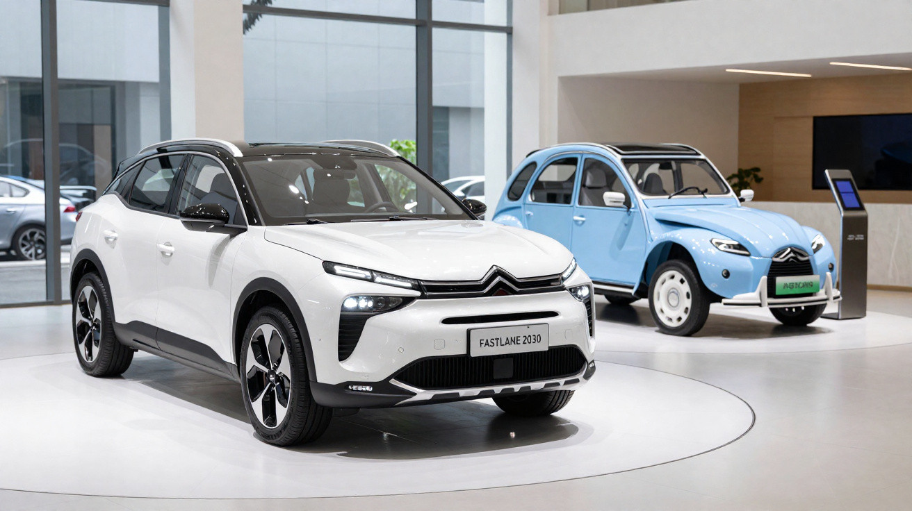 Carro elétrico branco moderno Citroën Fastlane 2030 em exposição ao lado de carro clássico azul.